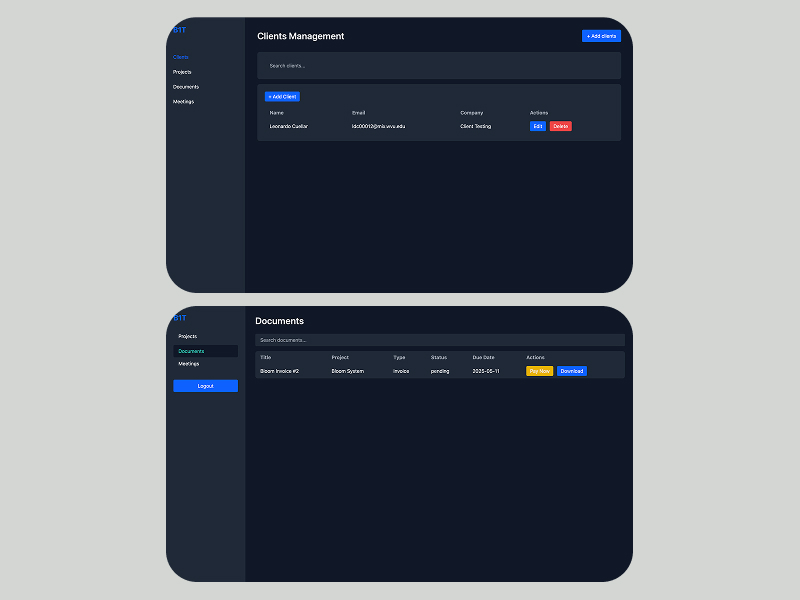 Client and admin dashboard interface