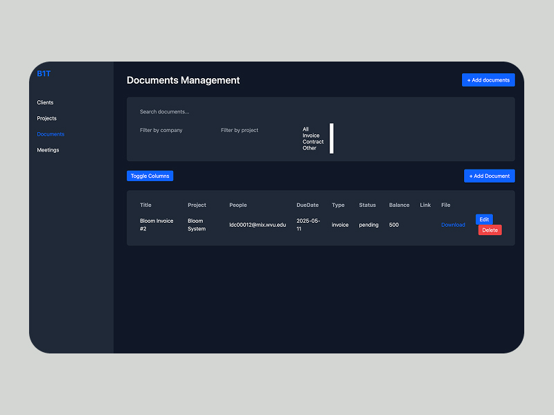 Admin dashboard interface