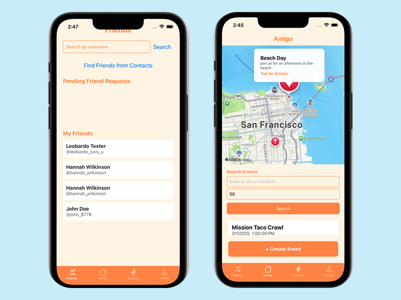 Amigo app home screen