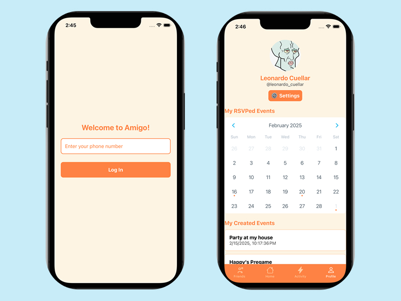 Login page and profile page